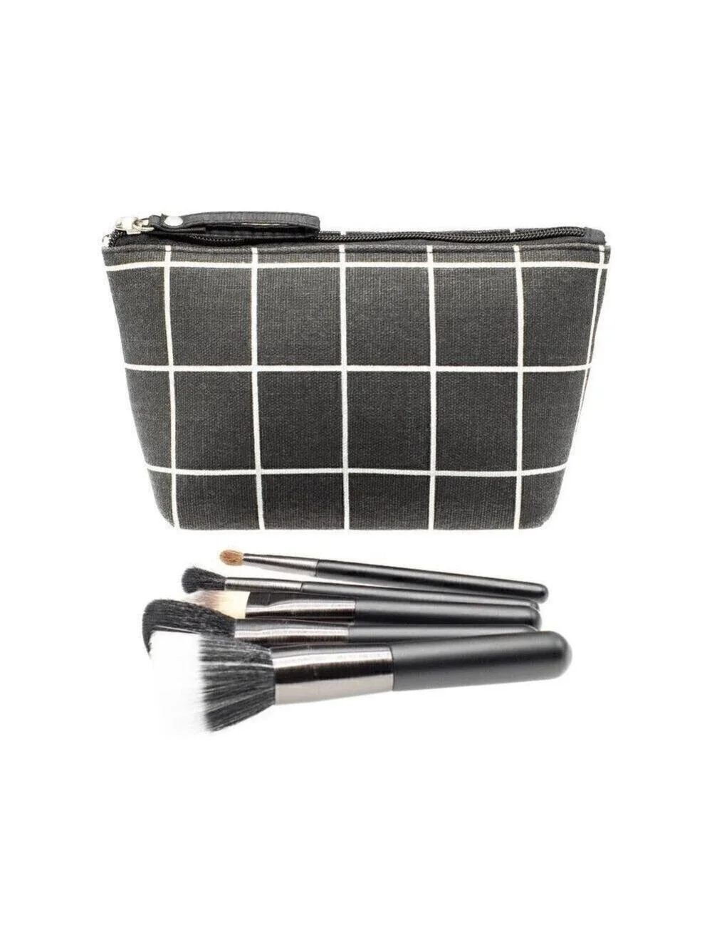 Black and White Cosmetic Bag with Matte Makeup brushes